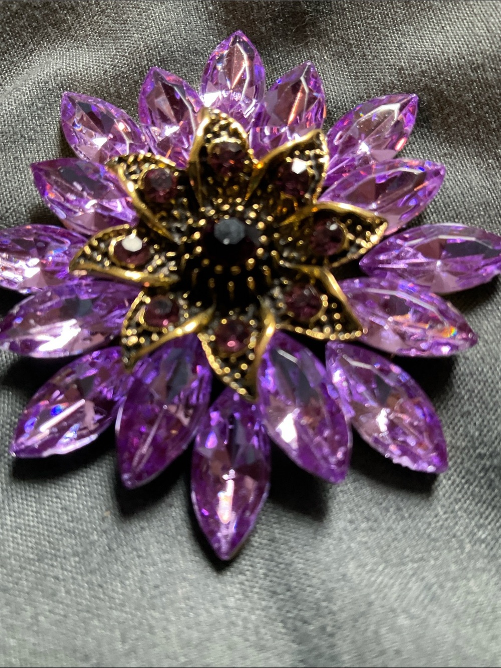 Purple Crystal Flower Brooch, Gold Tone Statement Piece w/Sparkling  Rhinestones